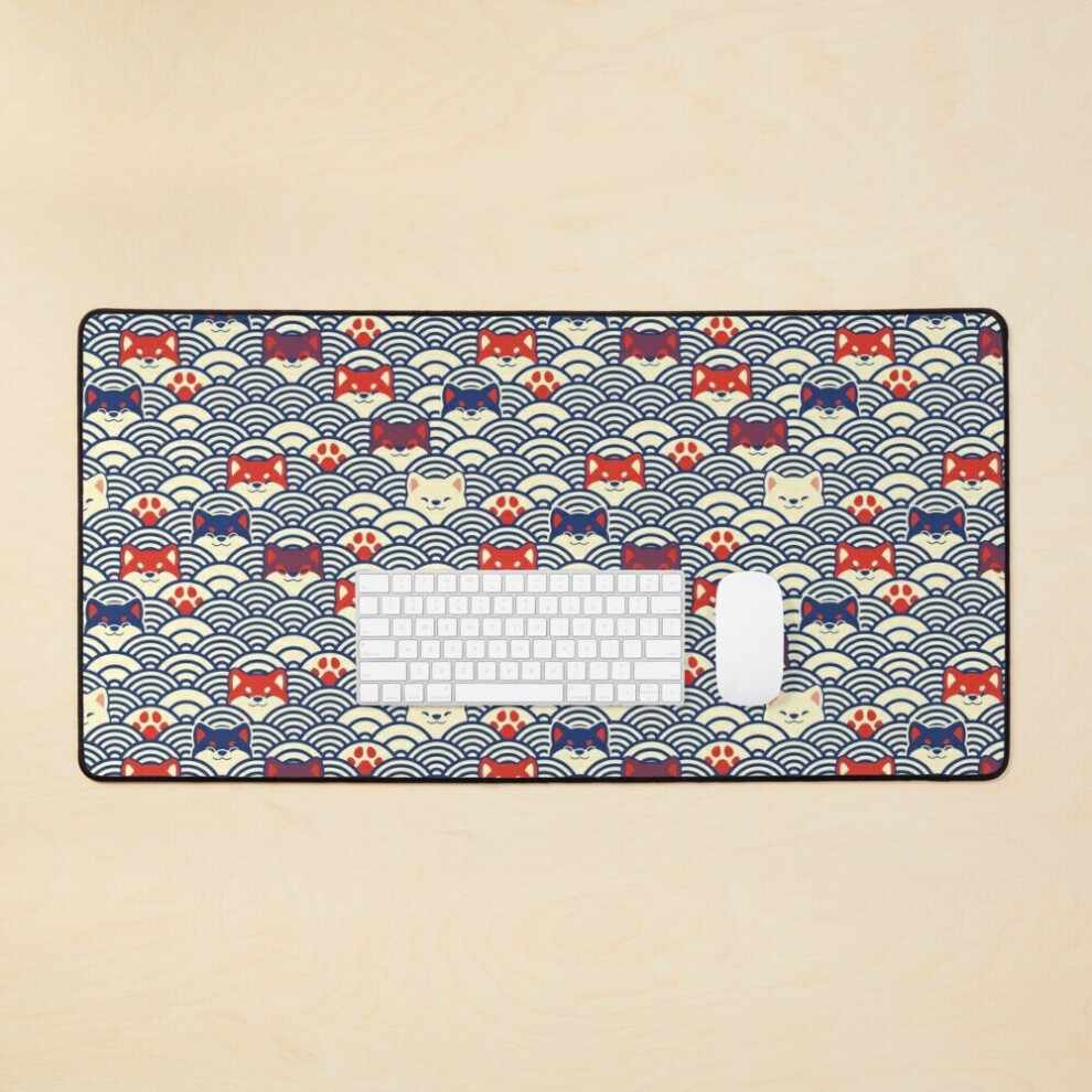 Desk Mat Japanese Waves And Shibas - Classic Navy And Large Gaming Mouse Pad 35X16 Inch Red 7802738350630