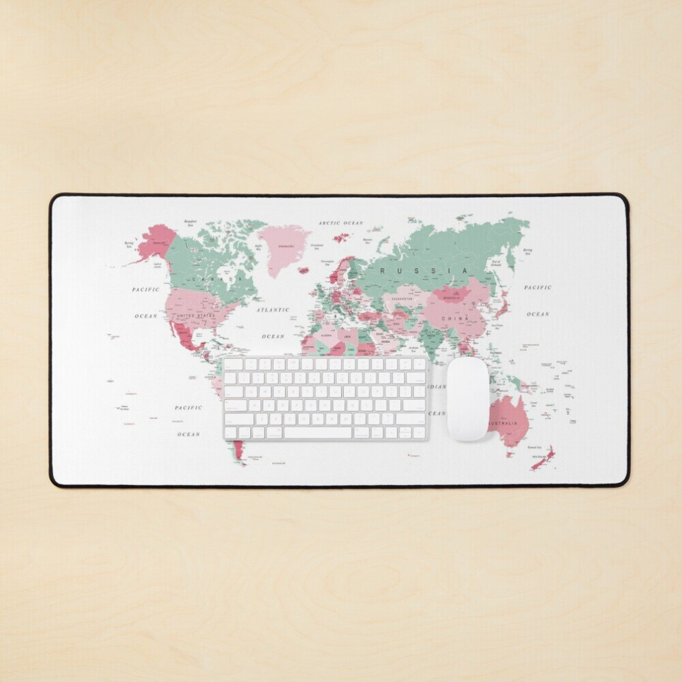 Desk Mat Map Of The World In And Mint Large Gaming Mouse Pad 35X16 Inch Pink/Green 7802738313833