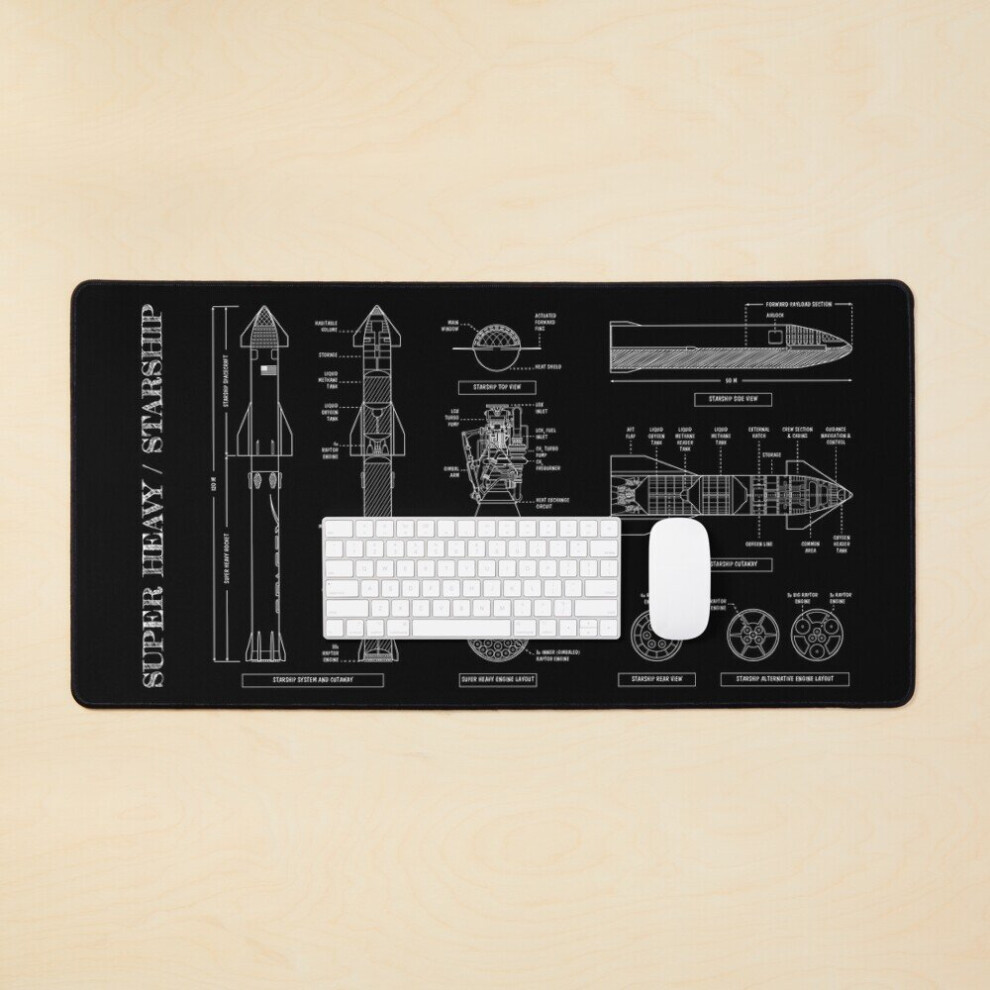 Desk Mat SPACEX: Super Heavy / Starship (White Stencil - ) Large Gaming Mouse Pad 35x16 inch