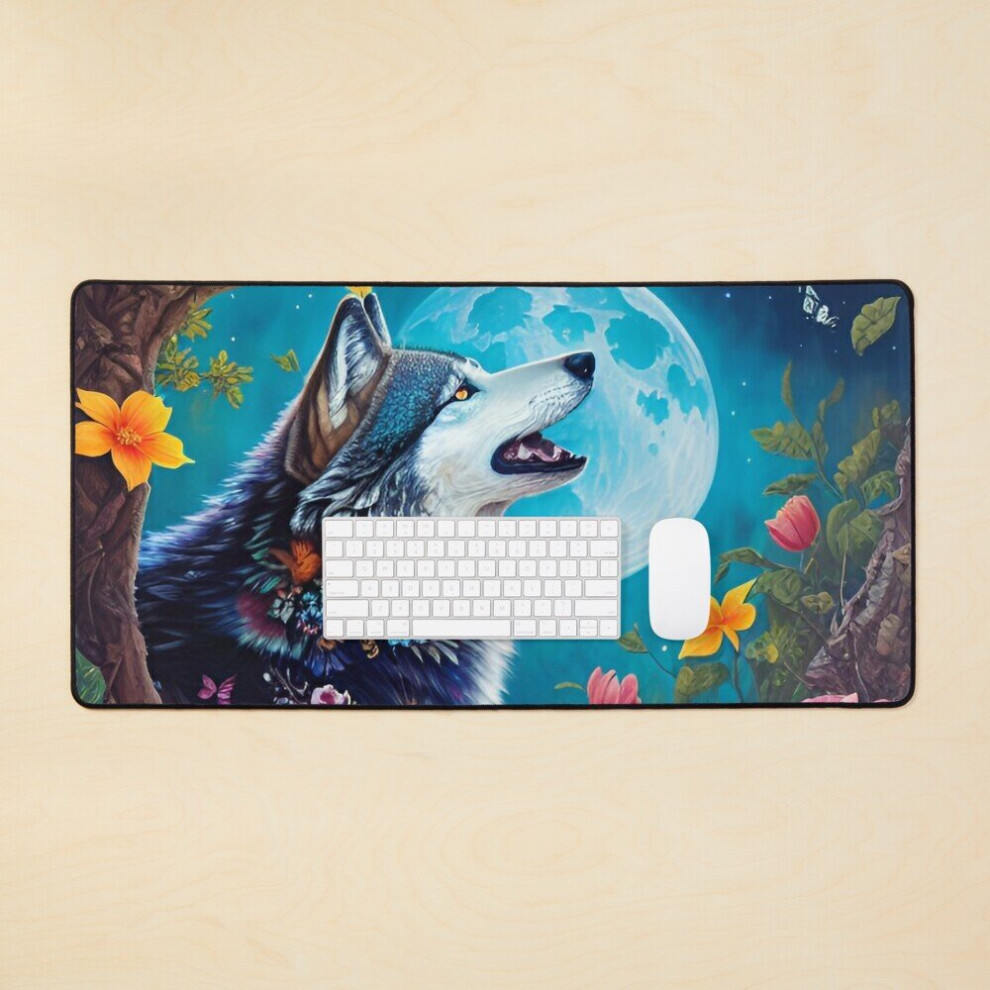 Desk Mat Wolf At Night With Moon And Colorful Flowers Large Gaming Mouse Pad 35X16 Inch 7802738345209