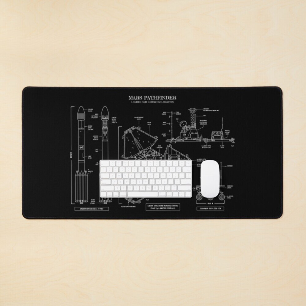 Desk Mat Mars Pathfinder. Lander And Rover Exploration ( Stencil - ) Large Gaming Mouse Pad 35X16 Inch White 7802738359435