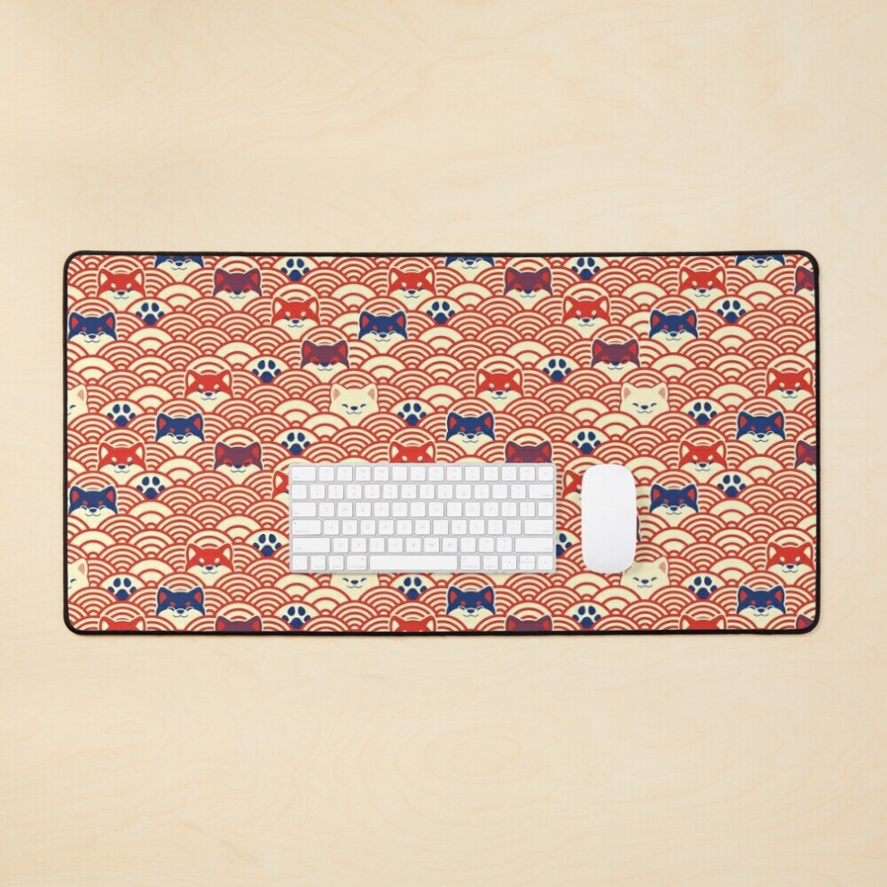 Desk Mat Japanese Waves And Shibas - Classic And Navy Large Gaming Mouse Pad 35X16 Inch Red 7802738393576