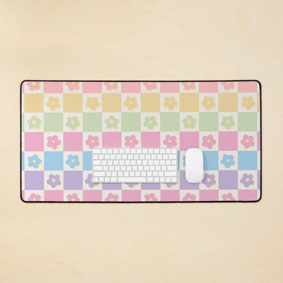 Desk Mat Colorful Pastel Flower Power Checkerboard Large Gaming Mouse Pad 35X16 Inch 7802738364873