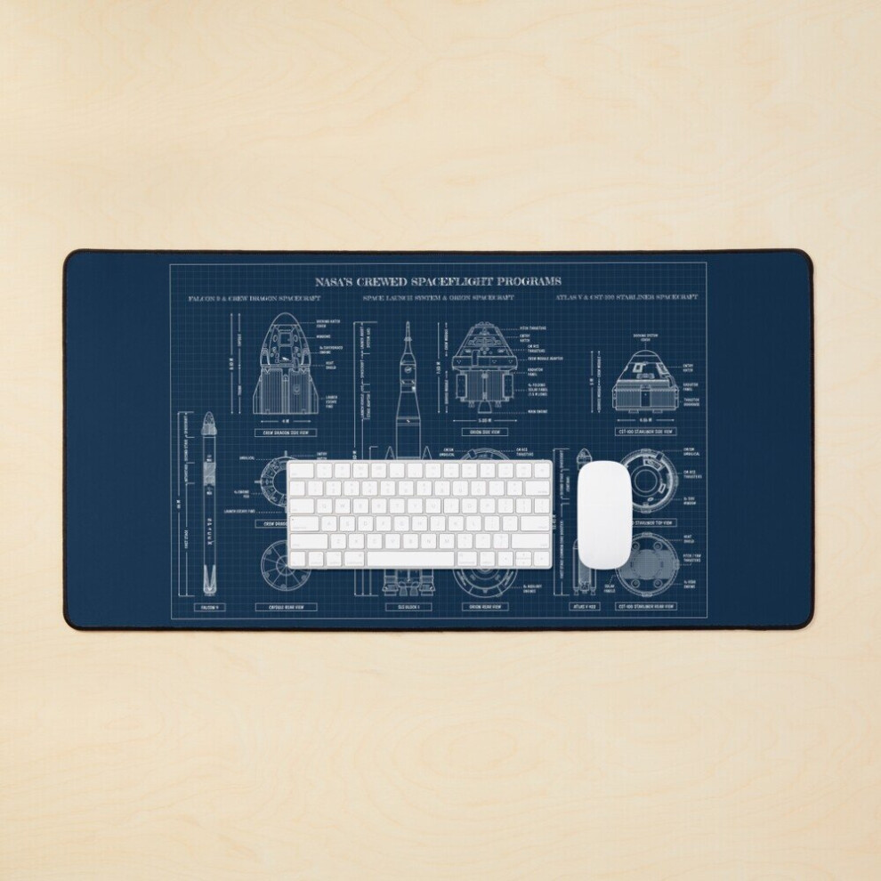 Desk Mat Nasa's Crewed Spaceflight Programs (Navy Blueprint) Large Gaming Mouse Pad 35X16 Inch 7802738364132
