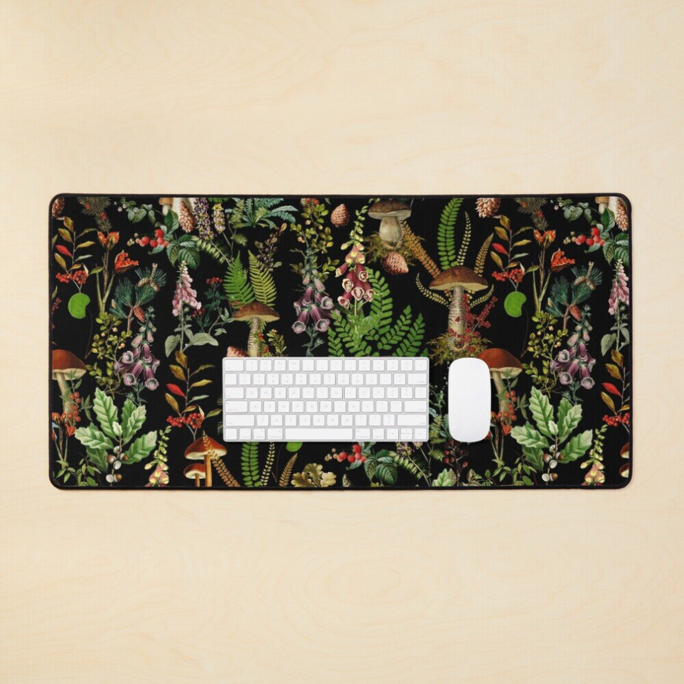 Desk Mat Vintage Mushrooms Forest Botanical Pattern - Large Gaming Mouse Pad 35X16 Inch Black 7802738322255