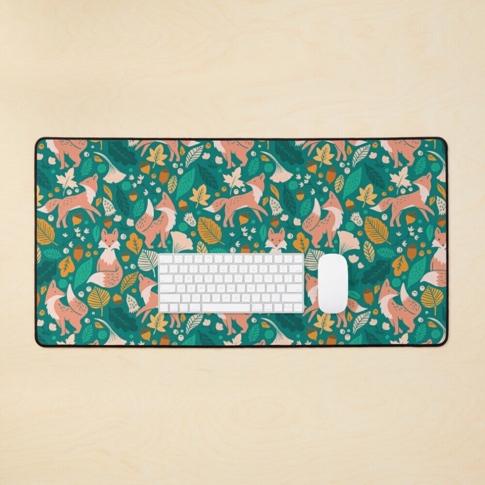 Desk Mat Foxes In Teal + Large Gaming Mouse Pad 35X16 Inch Pink 7802738366242