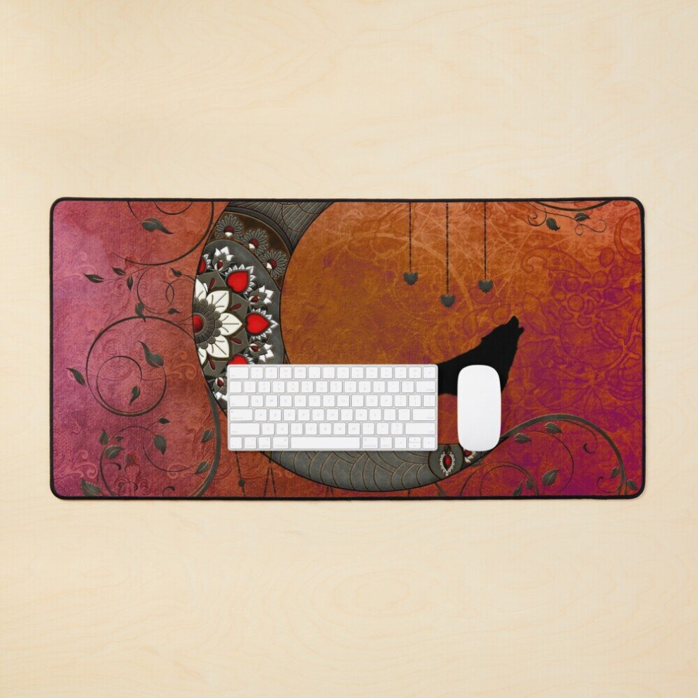 Desk Mat Wolf On Decorative Steampunk Moon Large Gaming Mouse Pad 35X16 Inch Black 7802738334692