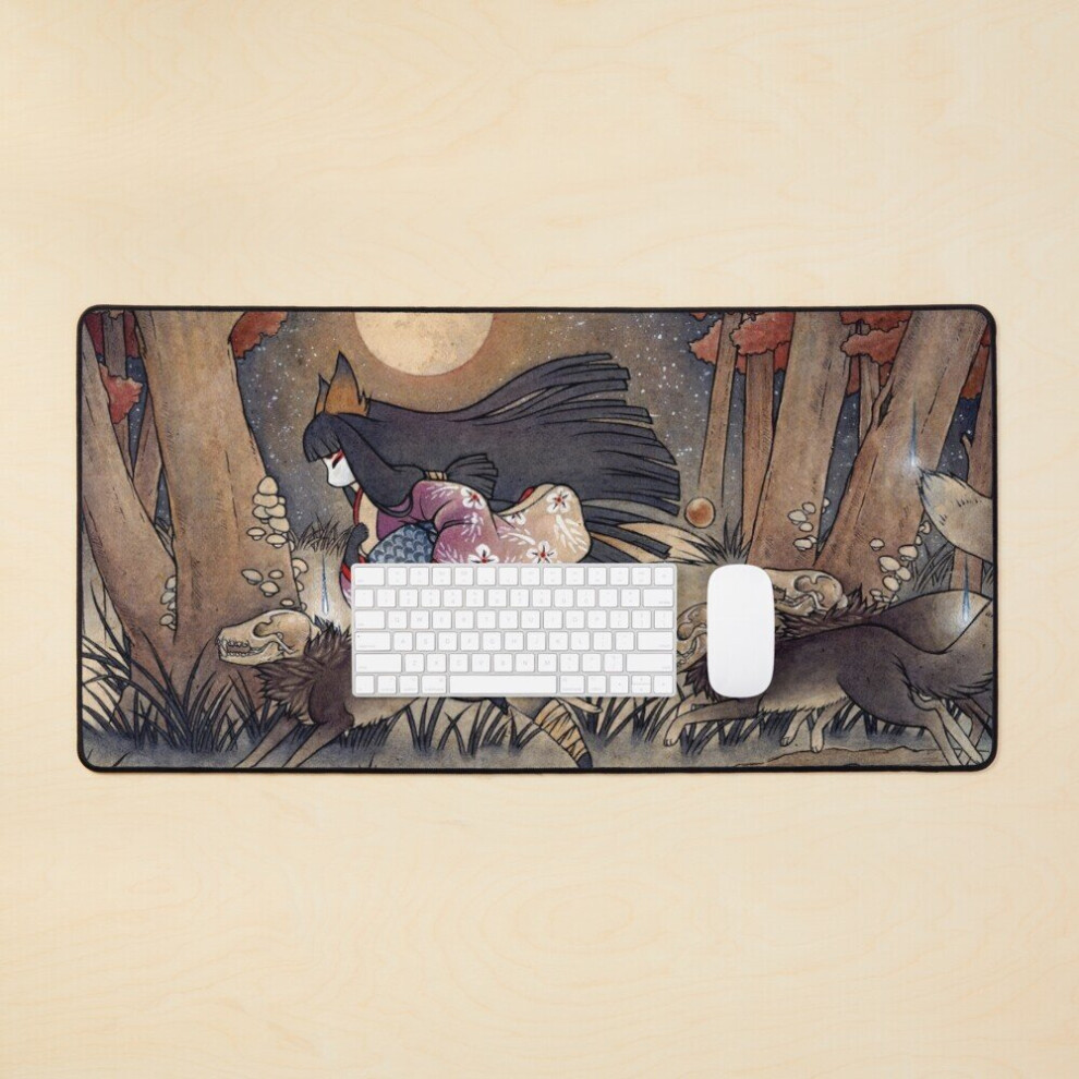 Desk Mat Running With Monsters - Teakitsune Fox Yokai Large Gaming Mouse Pad 35X16 Inch 7802738314731