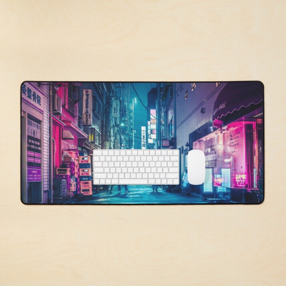 Desk Mat Tokyo Midnight Rain And Aesthetic Neon Lights. Large Gaming Mouse Pad 35X16 Inch Pink/Blue 7802738334968