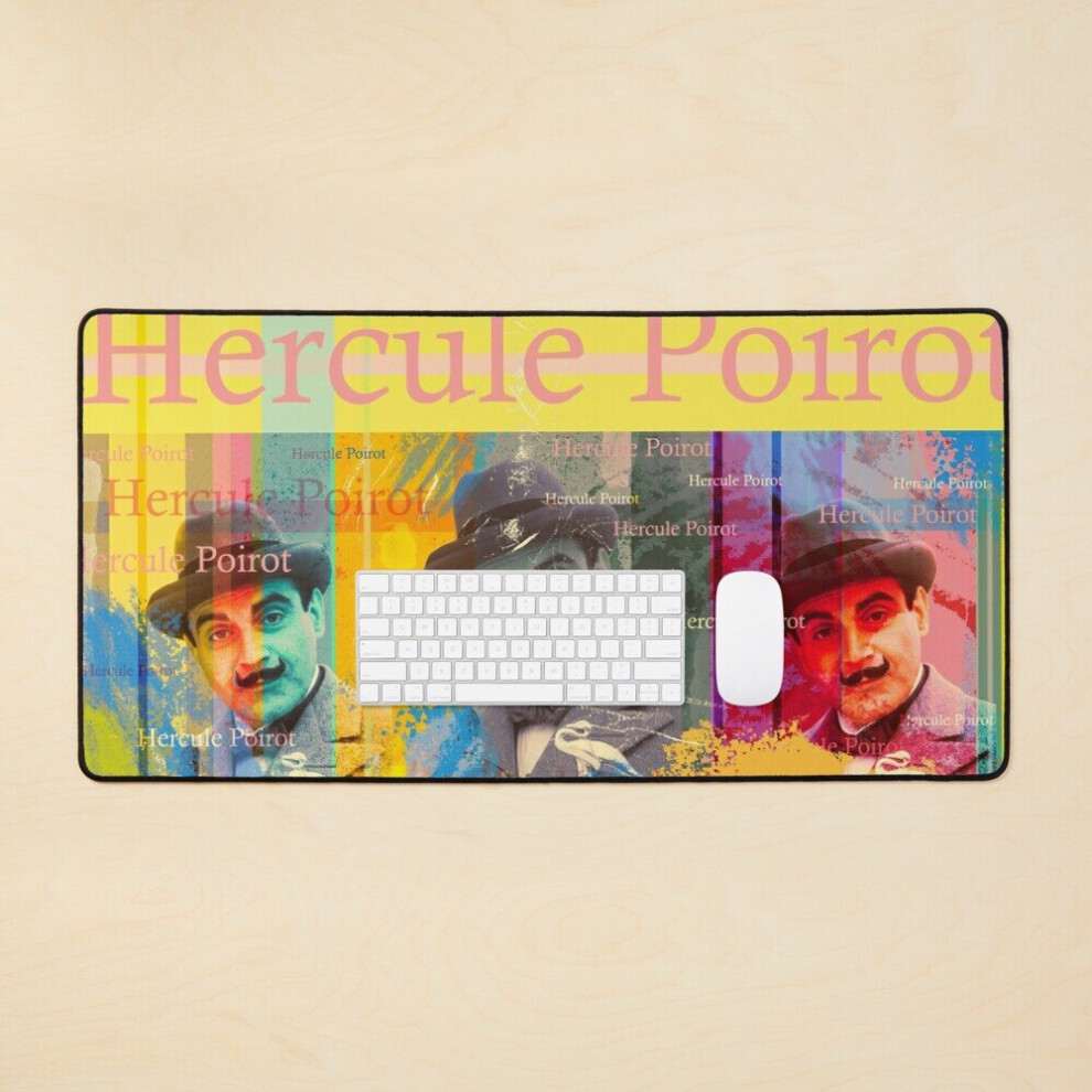 Desk Mat Hercule Poirot Portrait, Aesthetic Collage With Well-Known Belgian Detective For Series Lovers Large Gaming Mouse Pad 35X16 Inch 7802738359602