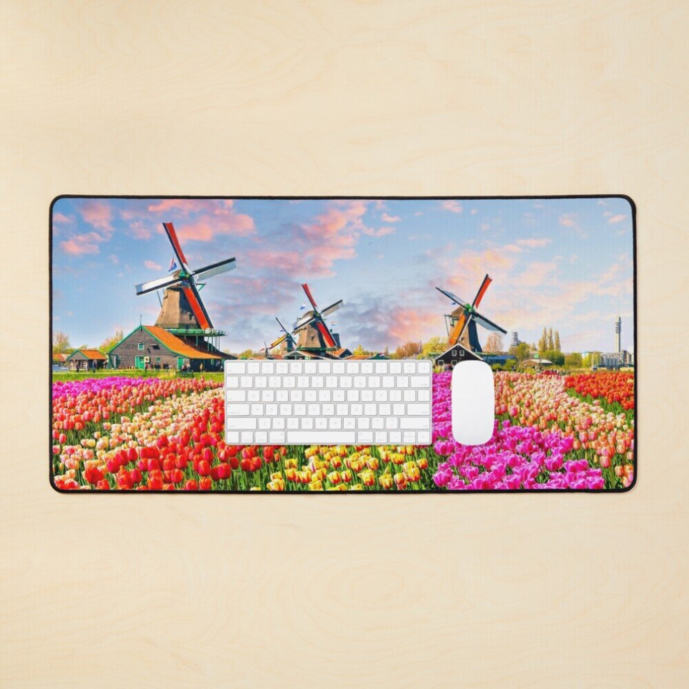 Desk Mat Windmills And Tulips Netherlands. Large Gaming Mouse Pad 35X16 Inch 7802738339352