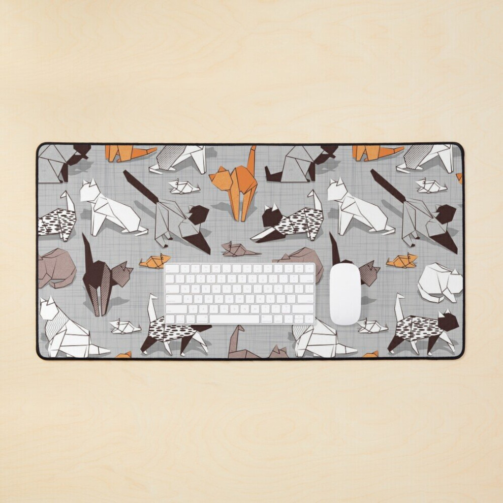 Desk Mat Origami Kitten Friends Linen Texture Paper Cats Large Gaming Mouse Pad 35X16 Inch Grey 7802738327595