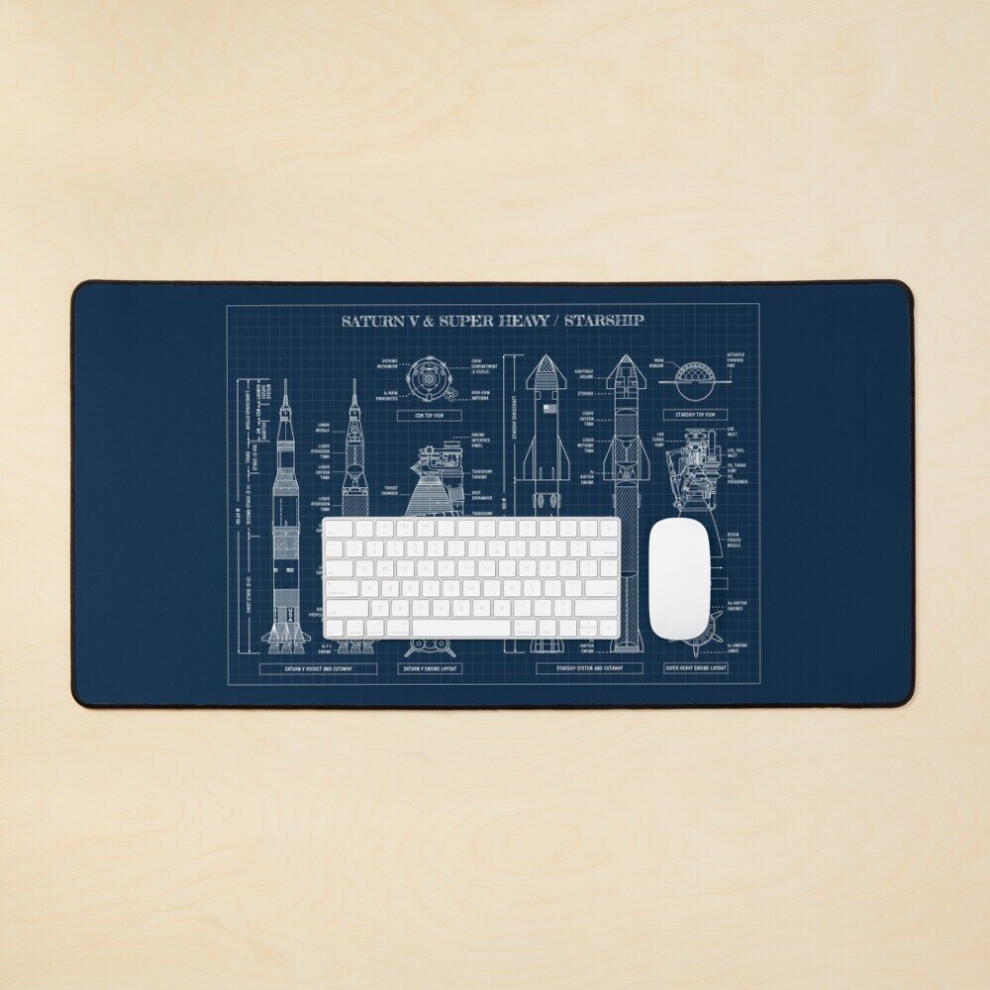Desk Mat Saturn V And Super Heavy/Starship (Navy Blueprint) Large Gaming Mouse Pad 35X16 Inch 7802738350050