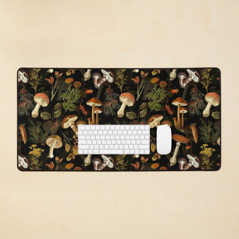 Desk Mat Vintage Mushrooms Forest Autumnal Botanical Pattern - Large Gaming Mouse Pad 35X16 Inch Black 7802738329988