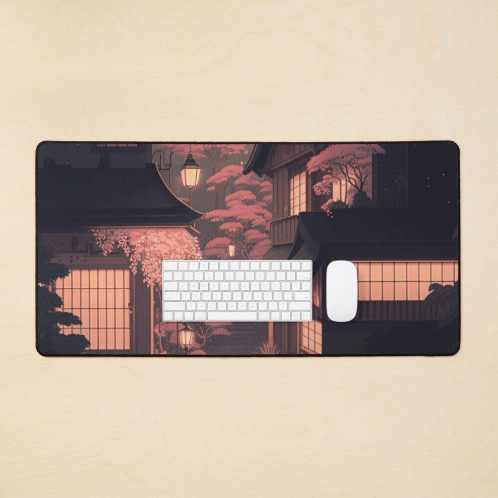 Desk Mat Cozy Warm Night Japan Lofi Large Gaming Mouse Pad 35X16 Inch Pink 7802738314052