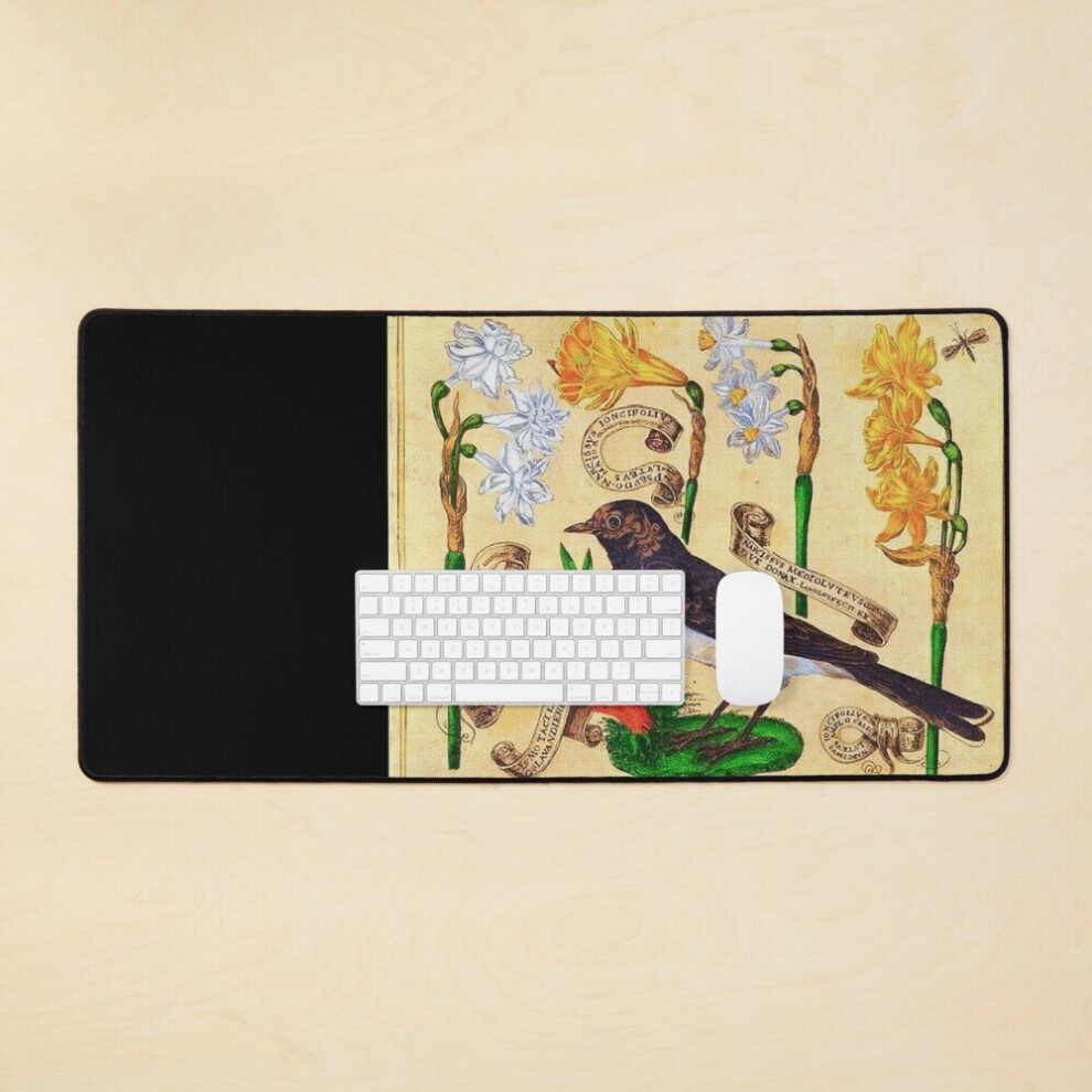 Desk Mat Narcissus Flowers And Bird Antique Botanical Floral Large Gaming Mouse Pad 35X16 Inch Yellow/White 7802738404159