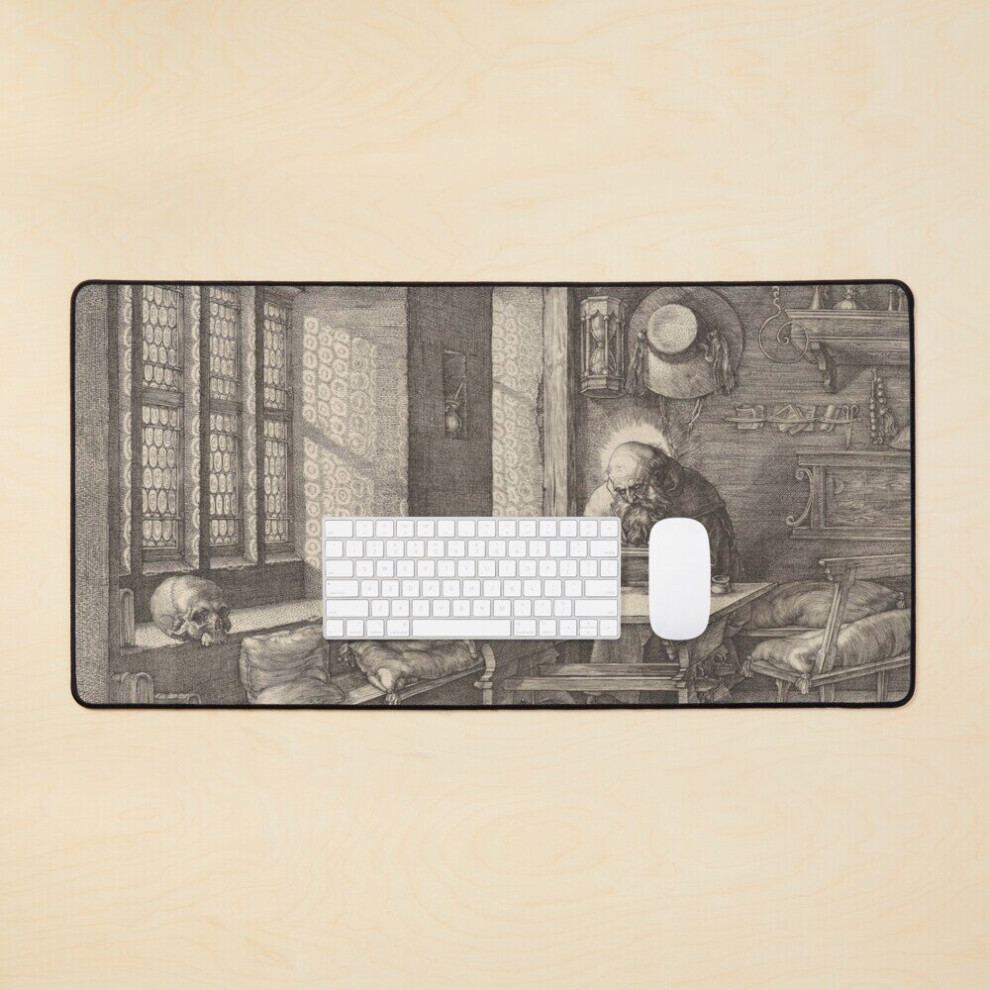 Desk Mat Albrecht Durer Saint Jerome In His Study 1514 - Lion Dog Digital German Renaissance Wall Hanging Art Large Gaming Mouse Pad 35X16 Inch 7802738335002