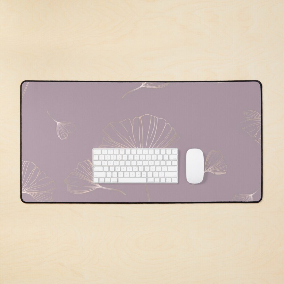 Desk Mat Ginkgo Biloba Abstract Botanical Rose Line-Art Leaves On Plum Large Gaming Mouse Pad 35X16 Inch Gold 7802738374360