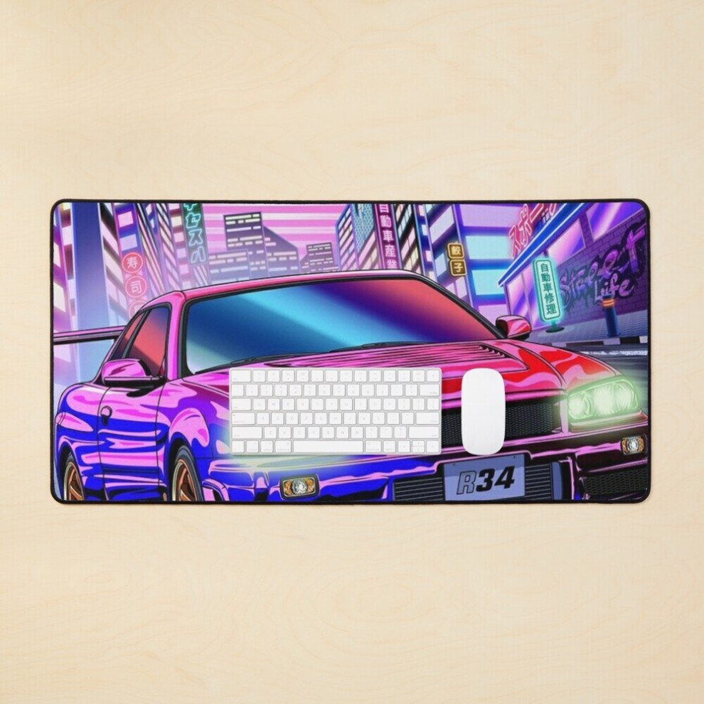 Desk Mat Nissan Gtr R34 Neon Night Large Gaming Mouse Pad 35X16 Inch 7802738314441