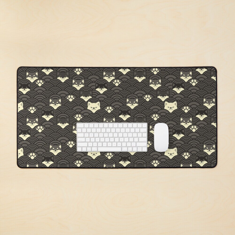 Desk Mat Japanese Waves And Shibas - Pewter Large Gaming Mouse Pad 35X16 Inch Dark 7802738325089