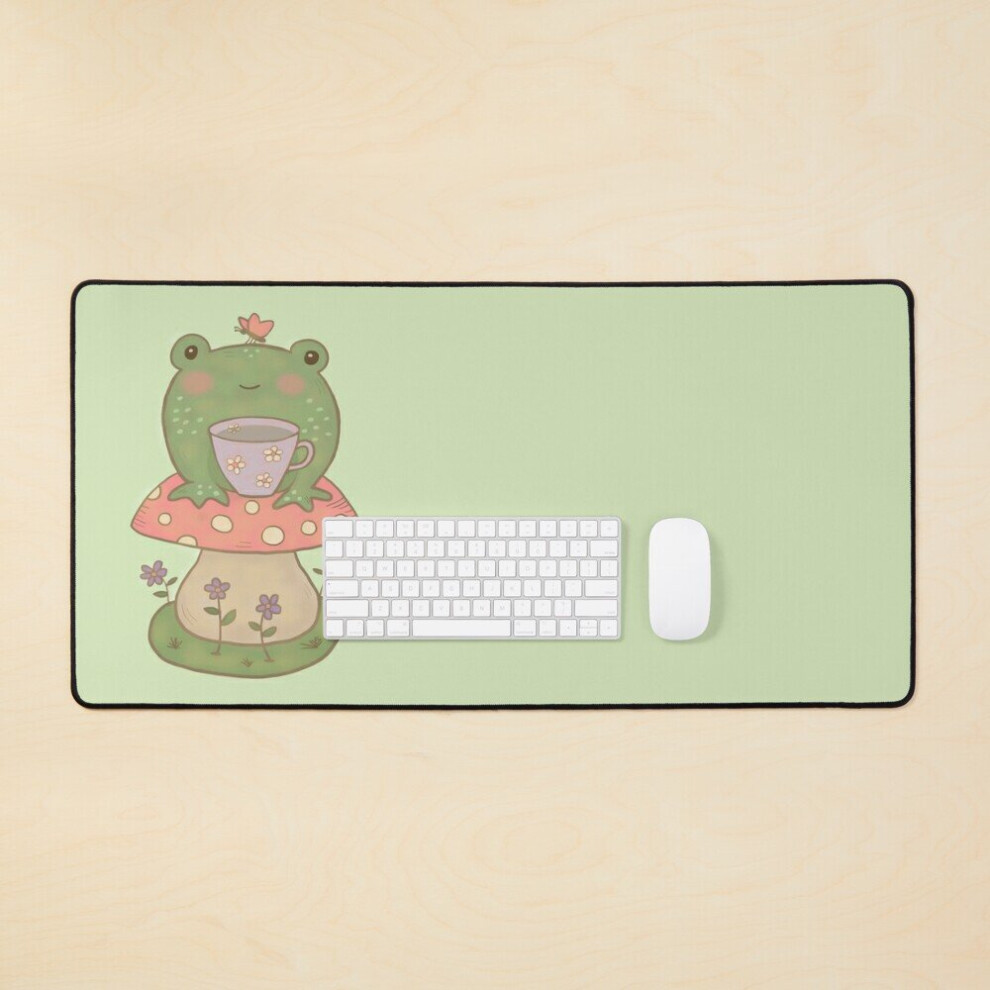 Desk Mat Cute Cottagecore Frog On Mushroom With Tea Cup Large Gaming Mouse Pad 35X16 Inch 7802738402391