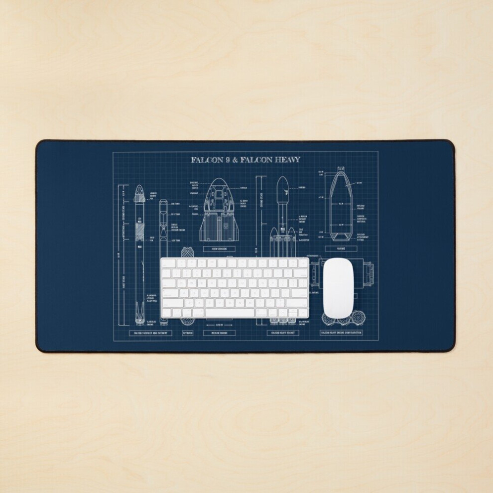 Desk Mat Spacex: Falcon 9 Falcon Heavy (Navy Blueprint) Large Gaming Mouse Pad 35X16 Inch 7802738408577