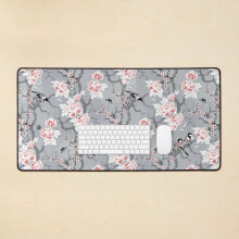Desk Mat Chinoiserie birds in grey Large Gaming Mouse Pad 35x16 inch