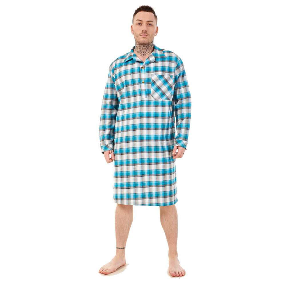 (Teal Grey, 3XL) Malay Mens Nightshirts Woven Check Cotton Blend Loungewear Regular Big Size M to 5XL