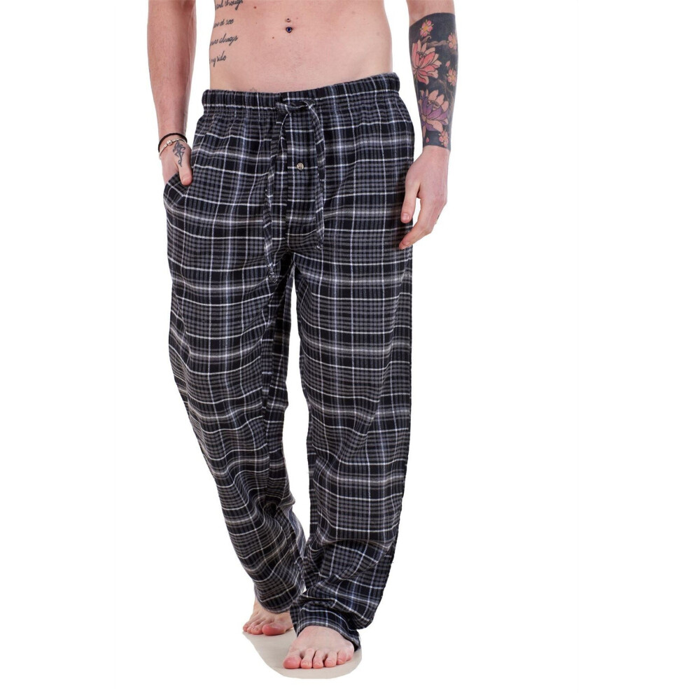 (Black-Charcoal Check, L) Malay Mens Flannel Pyjama Bottoms Brushed Cotton Check Lounge Pants Nightwear M-5XL
