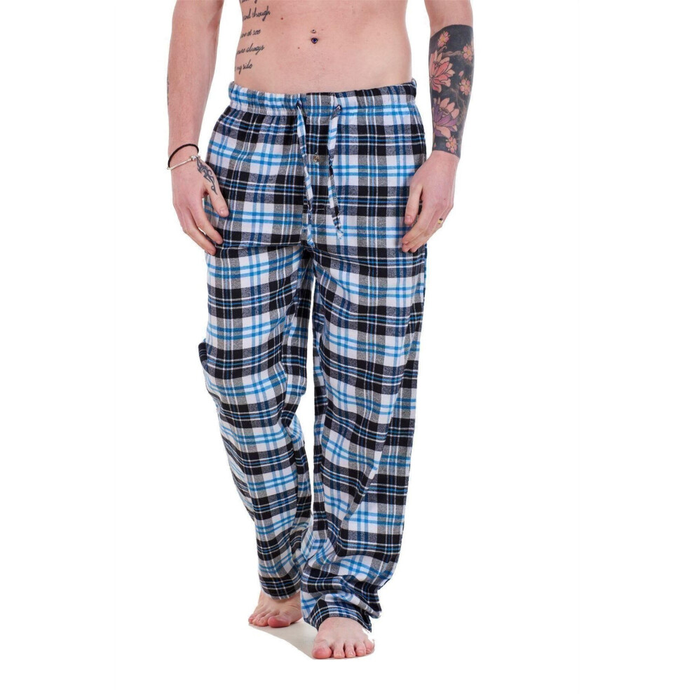 (Black-Turquoise Check , XXL) Malay Mens Flannel Pyjama Bottoms Brushed Cotton Check Lounge Pants Nightwear M-5XL