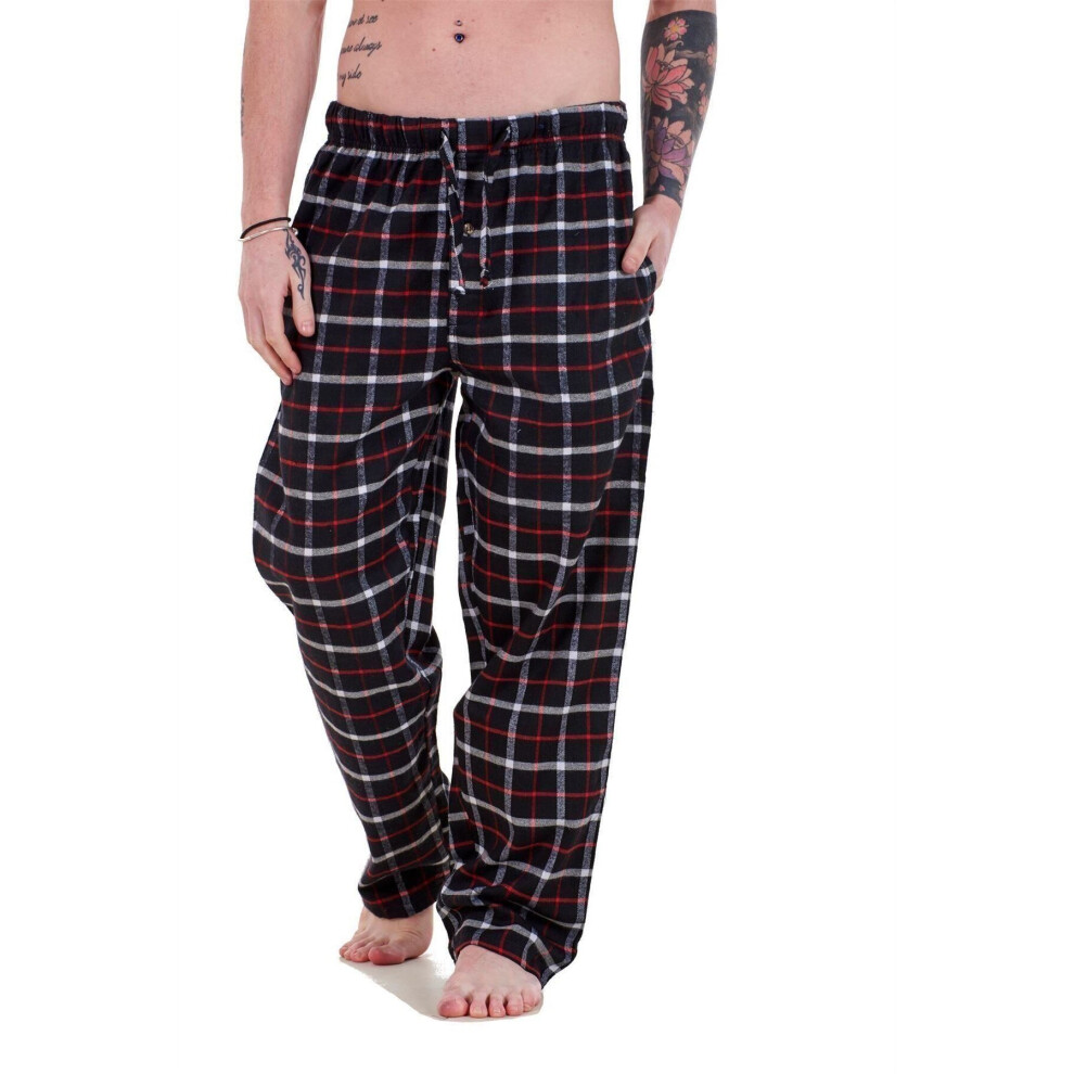 (Black-Wine Check, XXL) Malay Mens Flannel Pyjama Bottoms Brushed Cotton Check Lounge Pants Nightwear M-5XL