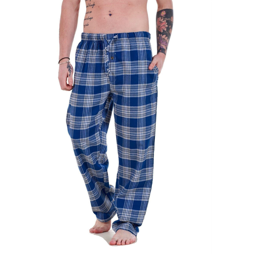 (Blue-White Check, 3XL) Malay Mens Flannel Pyjama Bottoms Brushed Cotton Check Lounge Pants Nightwear M-5XL