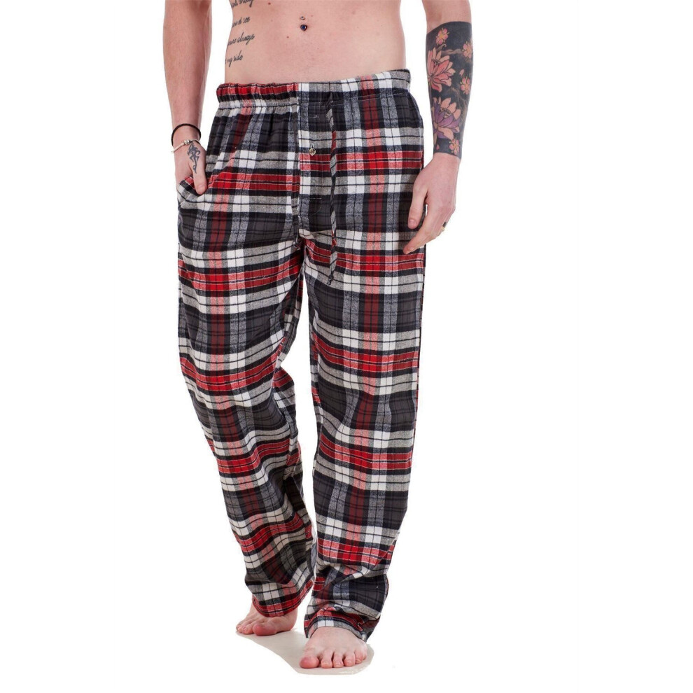 (Grey-Red Check, 5XL) Malay Mens Flannel Pyjama Bottoms Brushed Cotton Check Lounge Pants Nightwear M-5XL