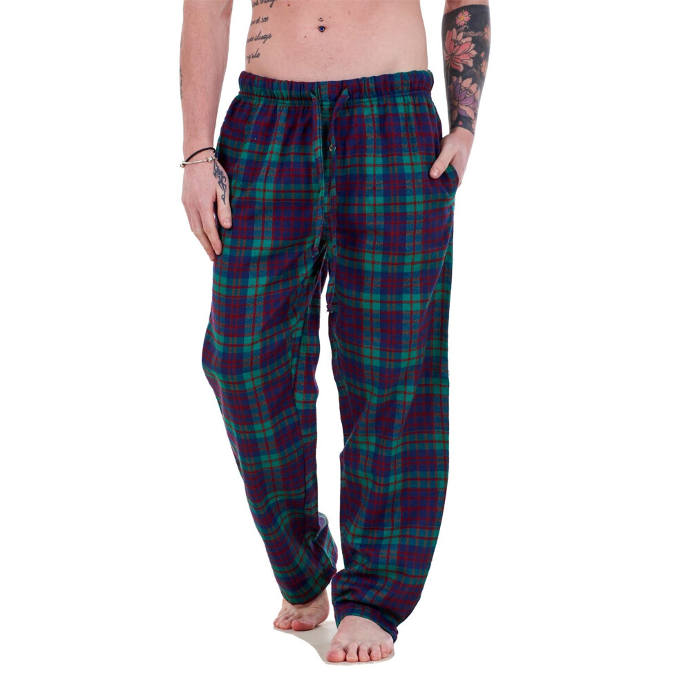 (Navy-Green Check, M) Malay Mens Flannel Pyjama Bottoms Brushed Cotton Check Lounge Pants Nightwear M-5XL