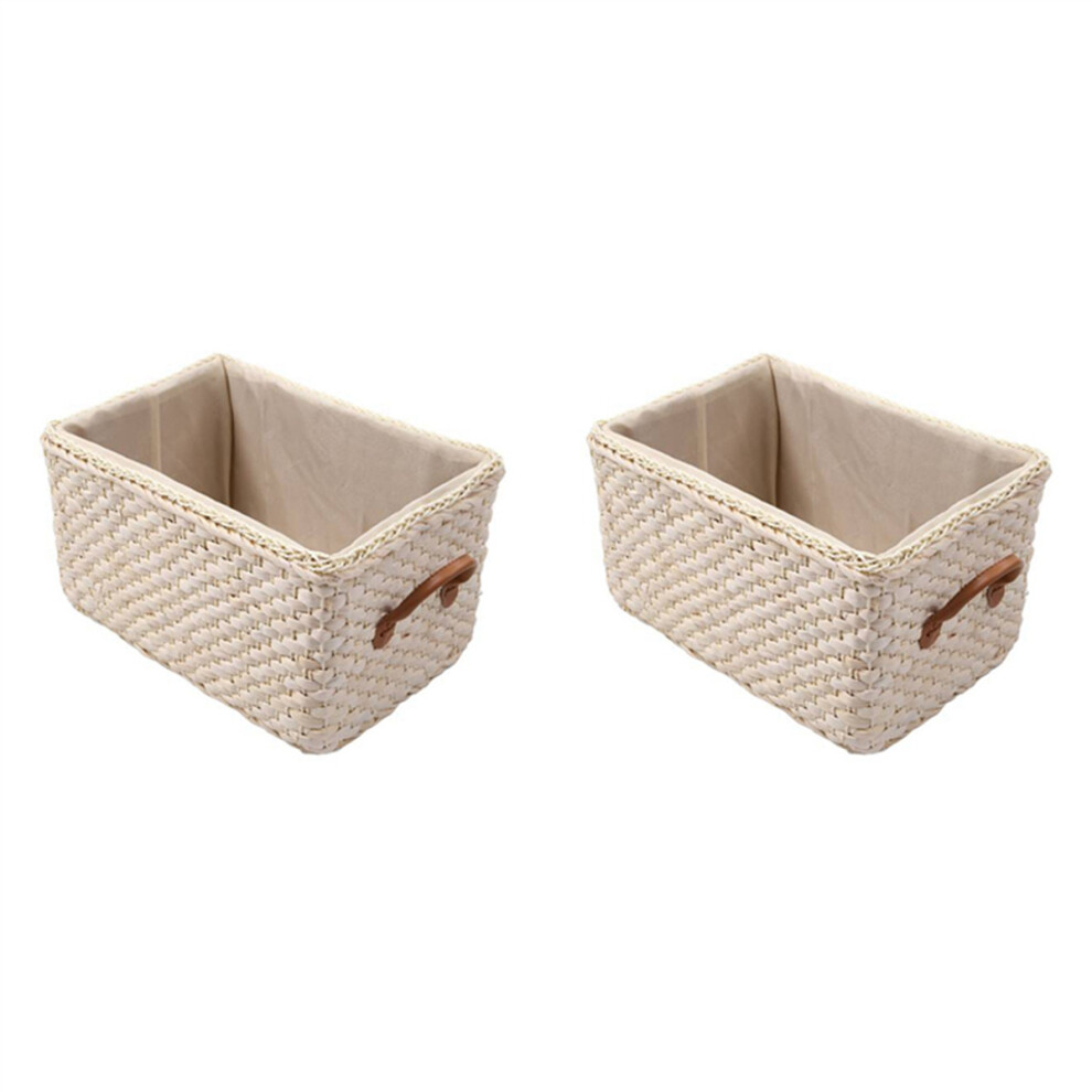 2X Manual Woven Storage Basket Handmade Laundry Wicker Baskets Sundries Organizer Clothes Toys Container White