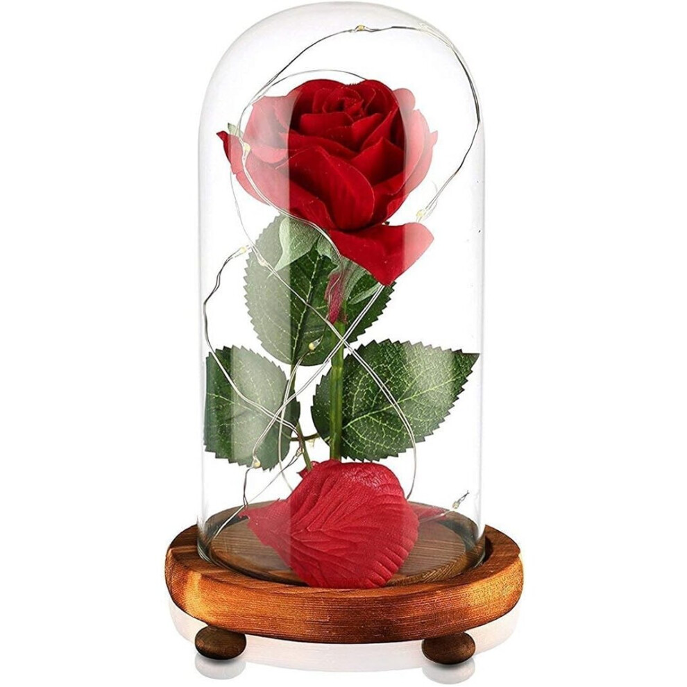Beauty and The Beast Rose,Remote Control Device，Red Silk Rose and LED Light with Fallen Petals in Glass Dome on a Wooden Base, Decoration Home