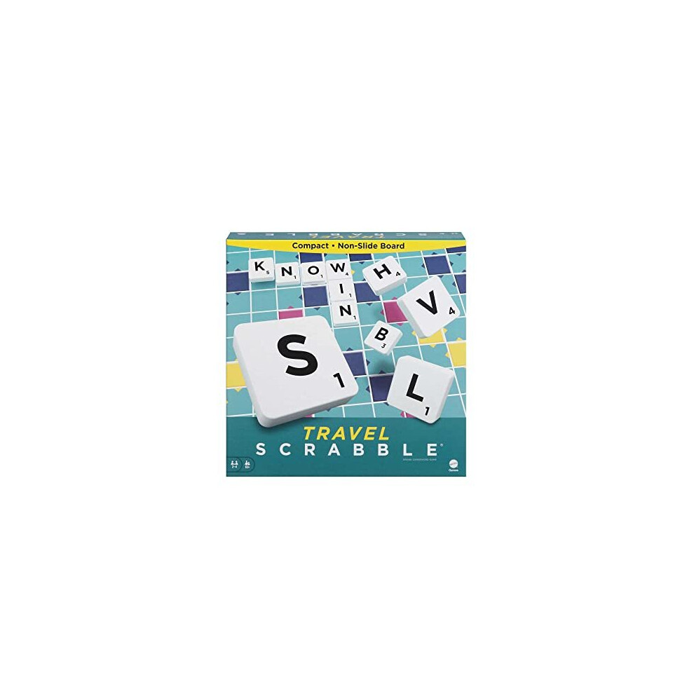 Mattel Games Scrabble Travel Game, Portable and Compact, 2-4 Players, Includes Playing Board, 4 Racks, 100 Letter Tiles, a Tile Bag, and Rules