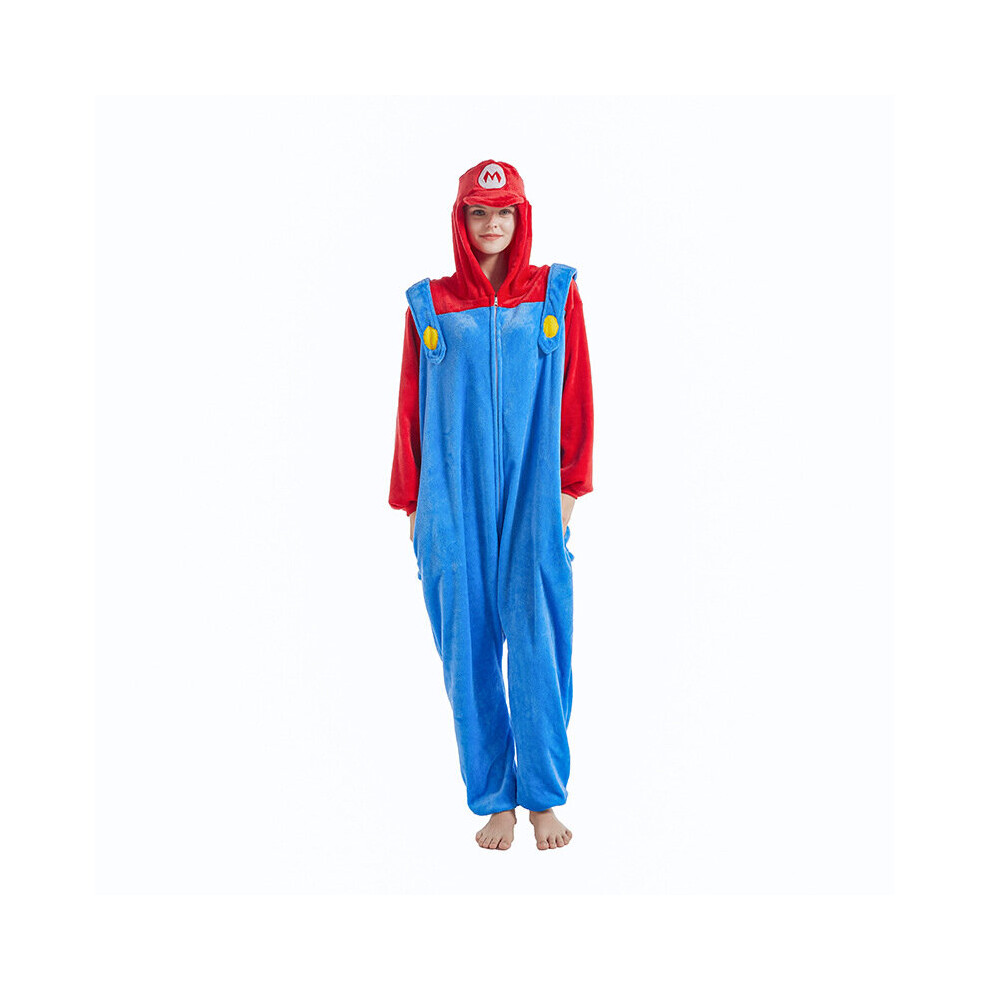 (Mario, Adult M) Mario Kid Adult Luigi Onesie Pajamas Coral Fleece Thick Hooded Long Sleeve Gift
