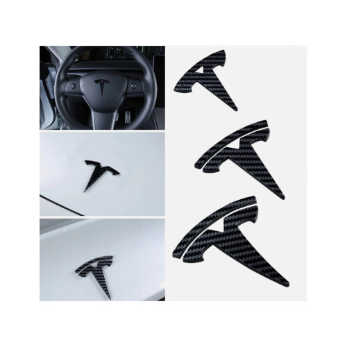 (Tesla Model 3, Matte Carbon) 3pcs Logo Emblem Sticker For Tesla Model 3/Y