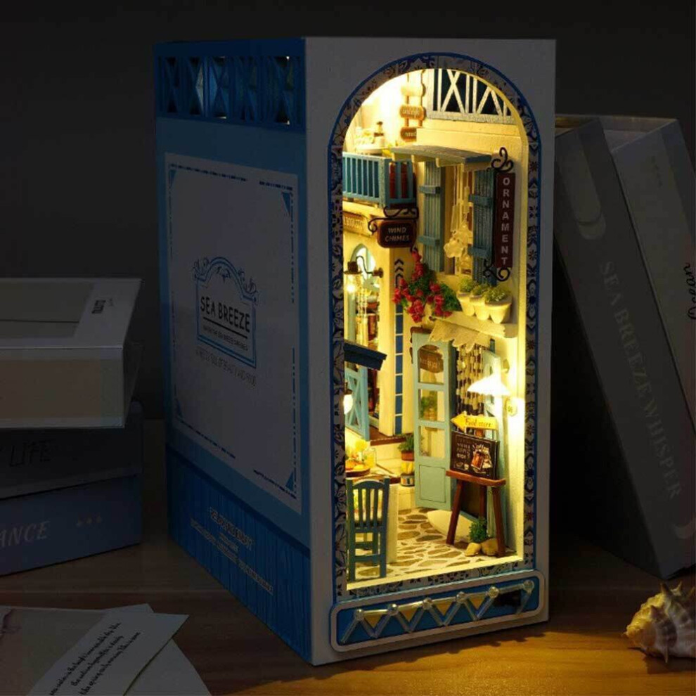 (  Sea breeze) Rolife LED Book Nook Kit DIY 3D Adult Wooden Puzzle Bookshelf Insert Decoration