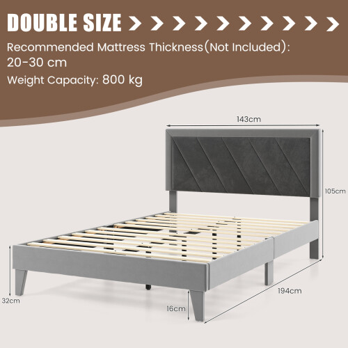 Costway (Double, Grey) Bed Frame Upholstered Platform w/Headboard Wooden Slats 1