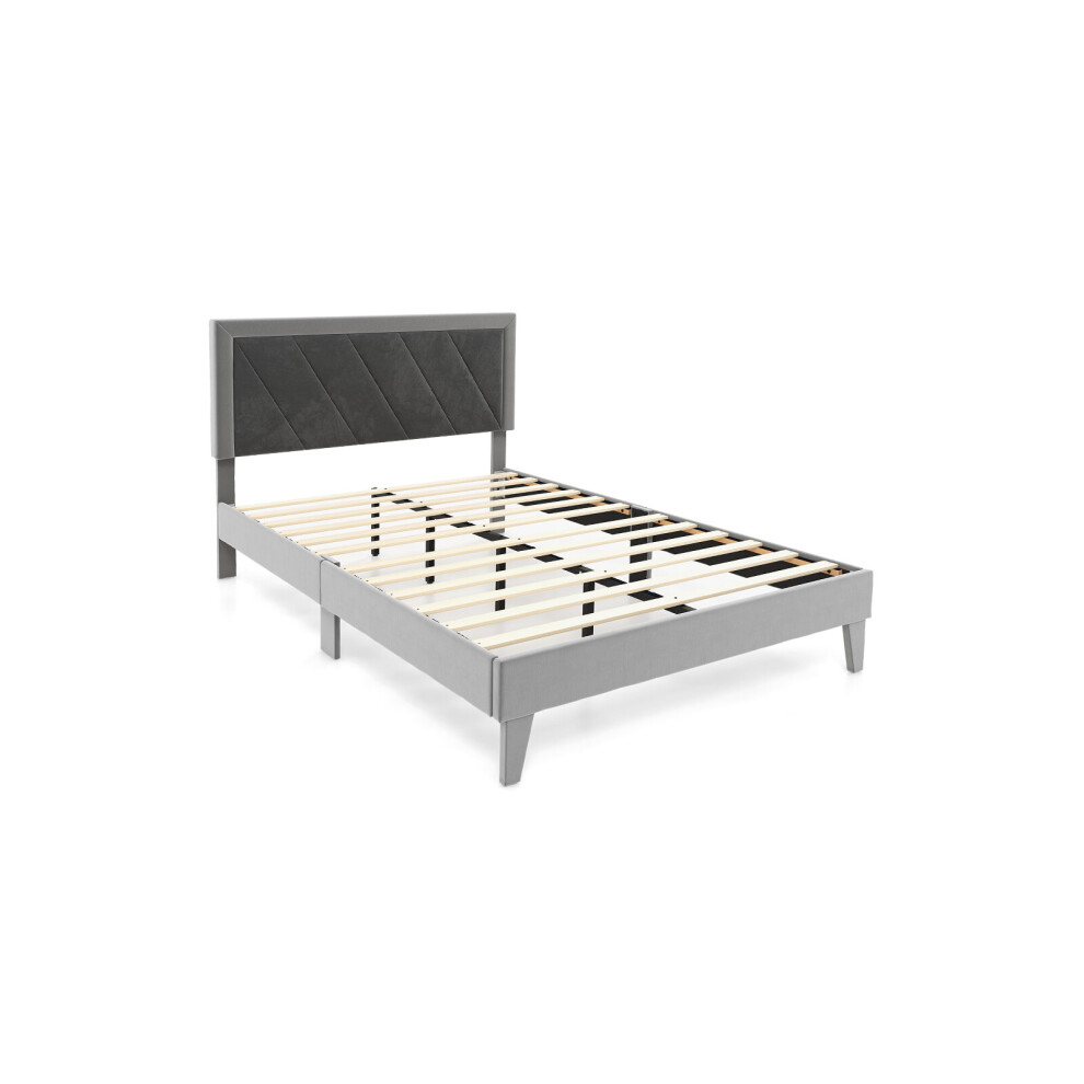 (Double, Grey) Bed Frame Upholstered Platform w/Headboard Wooden Slats