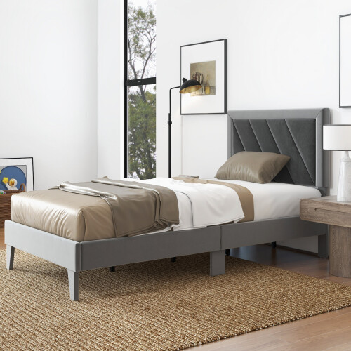 Costway (Single, Grey) Bed Frame Upholstered Platform w/Headboard Wooden Slats 2