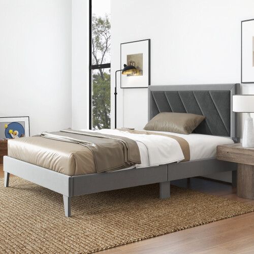Costway (Double, Grey) Bed Frame Upholstered Platform w/Headboard Wooden Slats 2