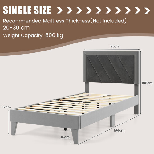 Costway (Single, Grey) Bed Frame Upholstered Platform w/Headboard Wooden Slats 1