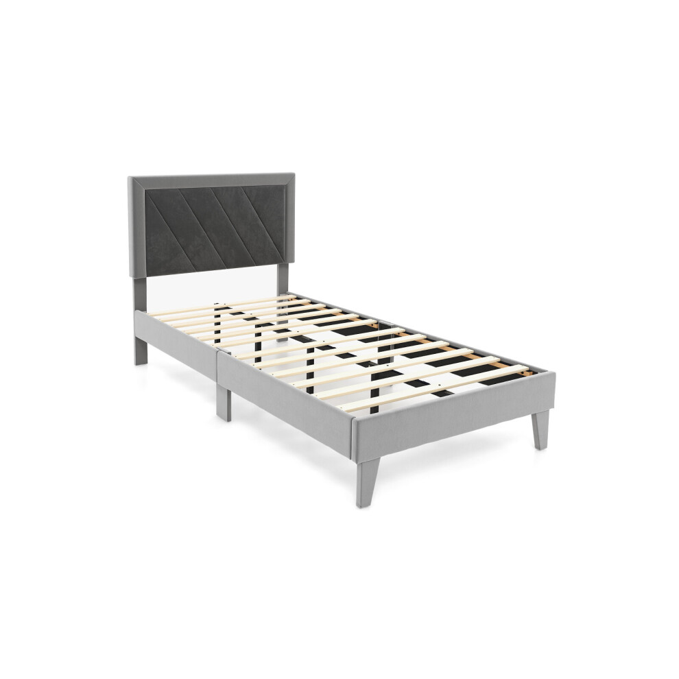 (Single, Grey) Bed Frame Upholstered Platform w/Headboard Wooden Slats