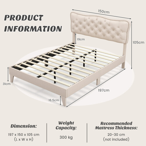 Costway (Double, Beige) Bed Frame Platform Bed w/Tufted Headboard Wooden Slats 1