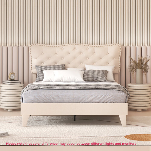 Costway (Double, Beige) Bed Frame Platform Bed w/Tufted Headboard Wooden Slats 2