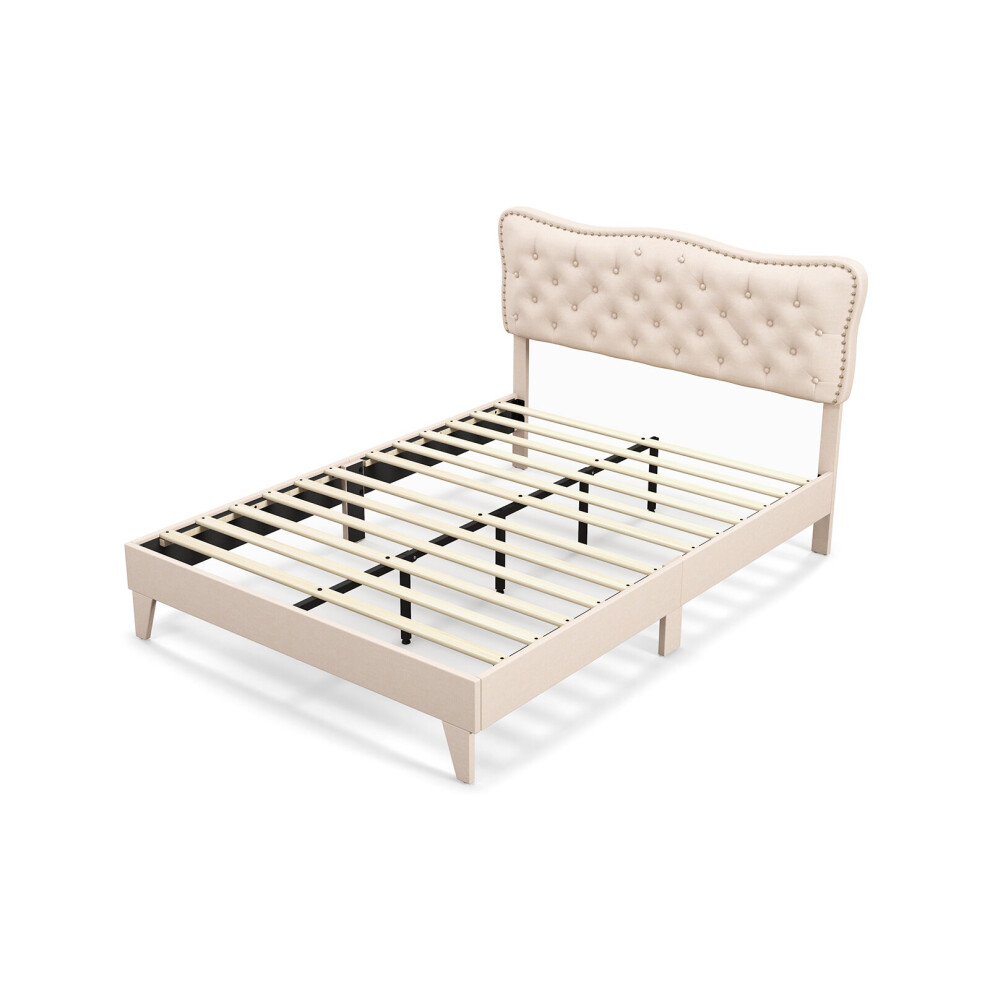 (King, Beige) Bed Frame Platform Bed w/Tufted Headboard Wooden Slats