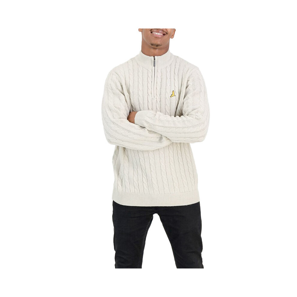 (Light Beige, M) BRAVE SOUL Mens Cable Knit Cardigan Jumper